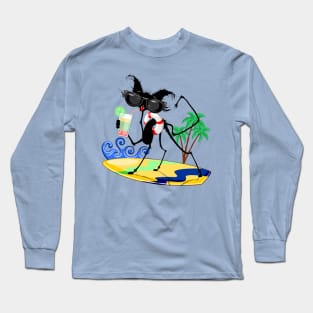 Cat Funny and Silly Character Summer Fun surfing on waves Long Sleeve T-Shirt